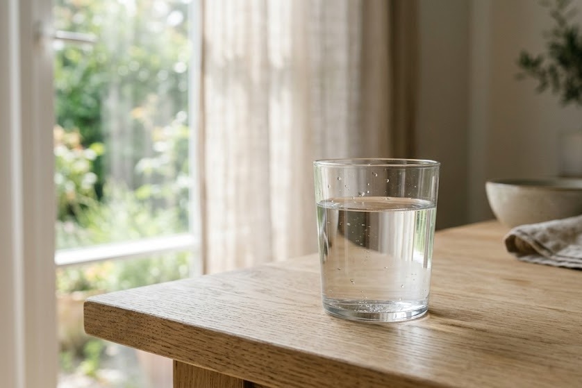 Vaso de agua junto a una ventana por la manana